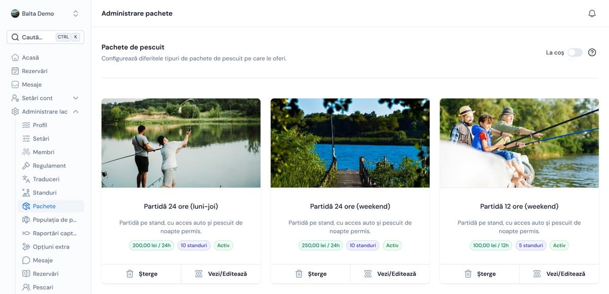 Ecranul de pachete pe LakeBooking, cu o partidă de 24 de ore în timpul săptămânii și una de weekend, cu prețurile lor (date de exemplu)