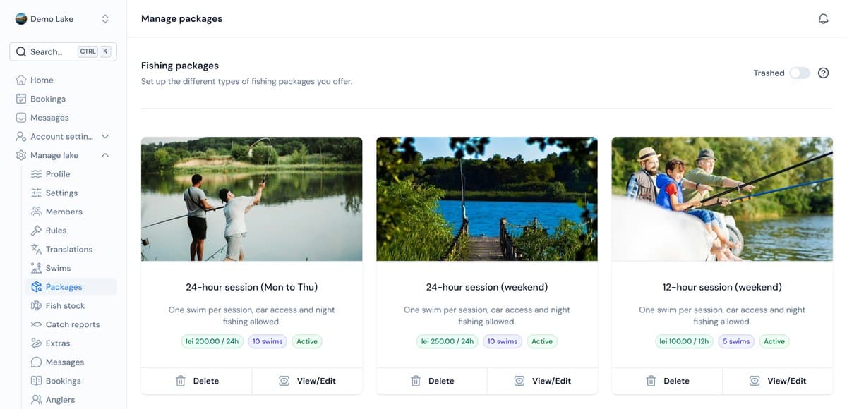 The packages screen on LakeBooking, with a weekday and a weekend 24-hour session and their prices (sample data)