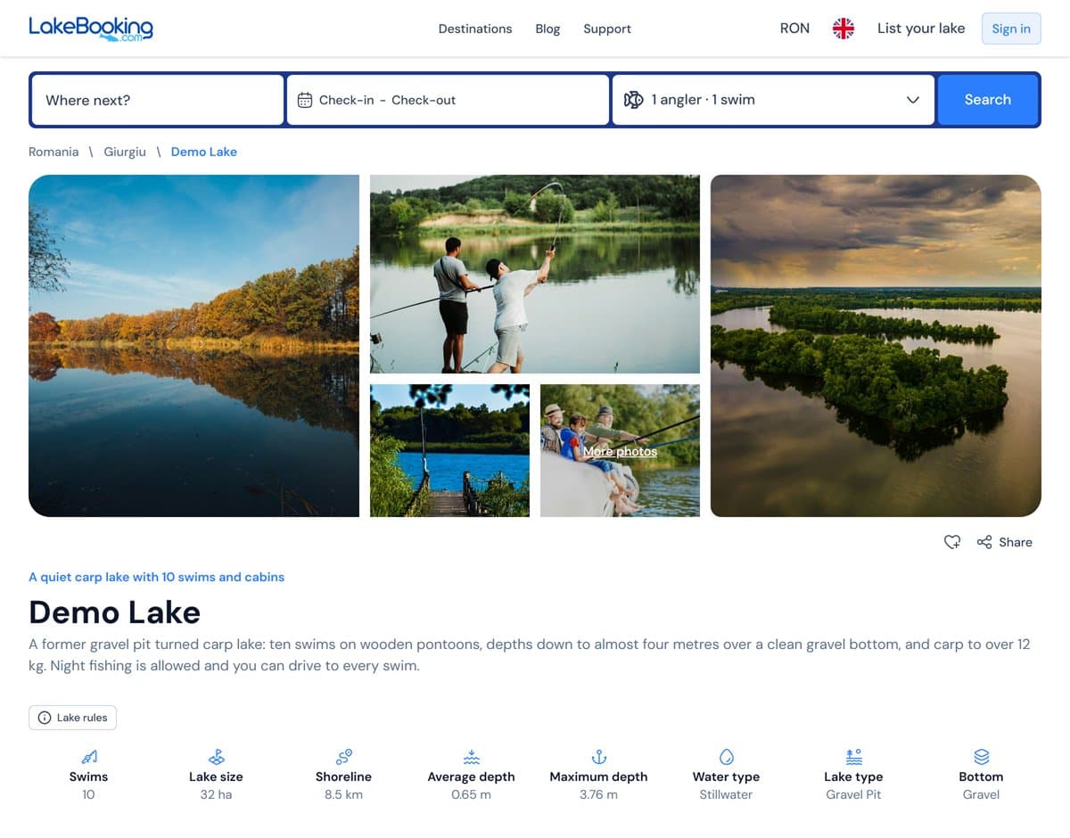 Example of a lake page on LakeBooking, with photos, a description and the lake's key facts (sample data)