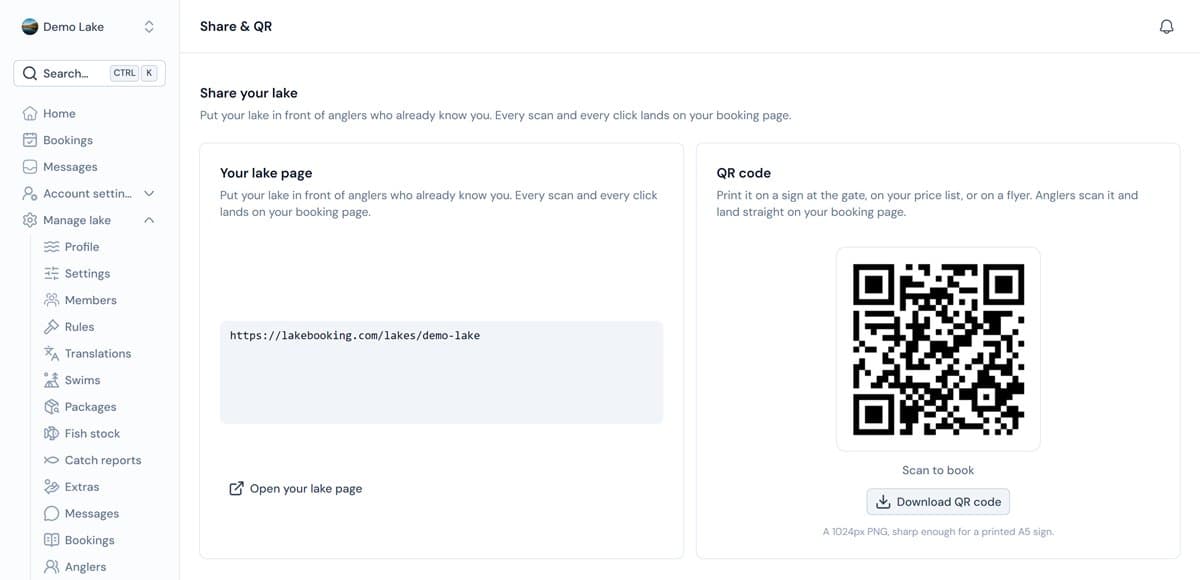 The share page in the lake dashboard, with the public link and a printable QR code (sample data)