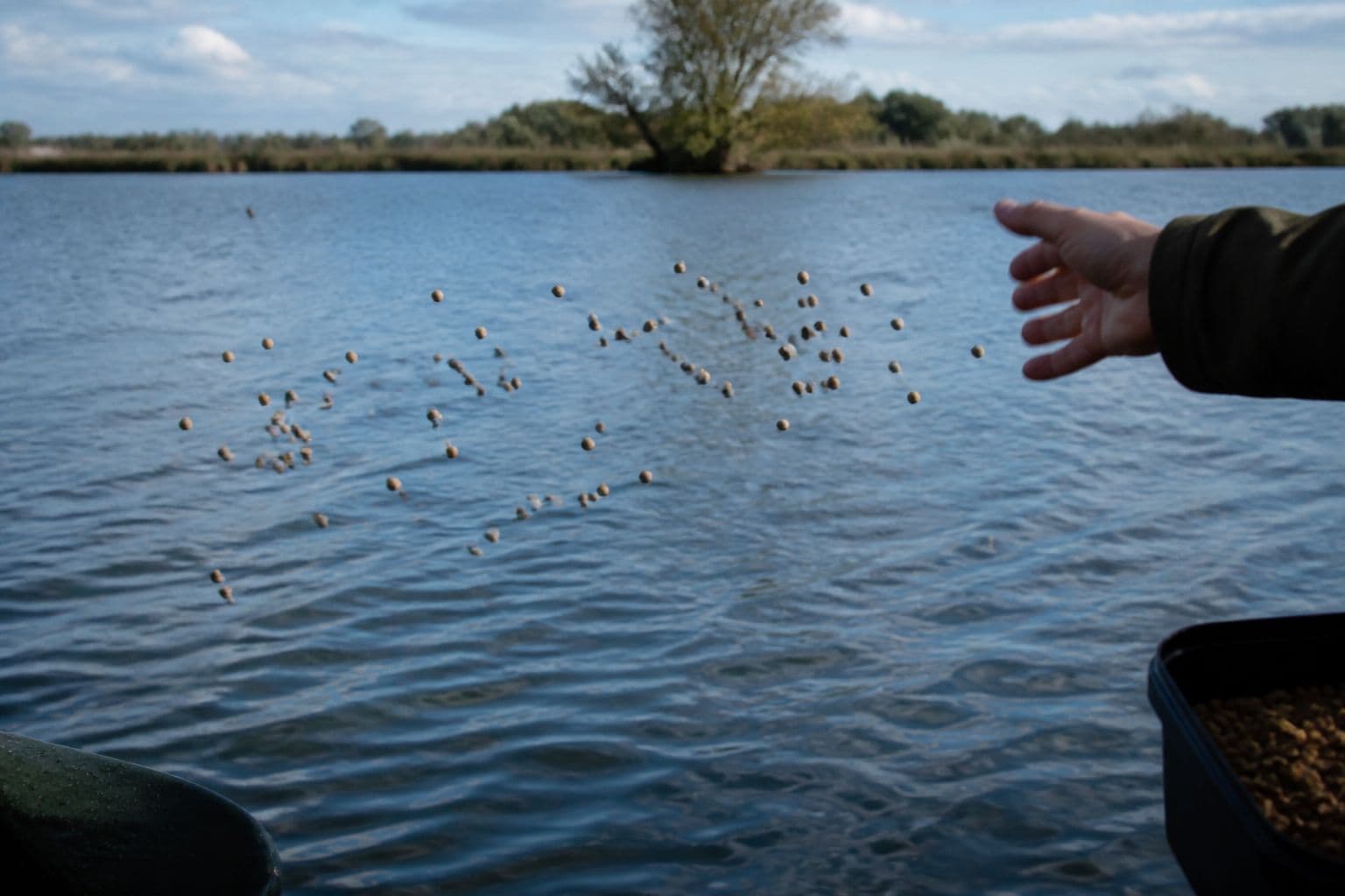 A small, accurate spread of boilies going out over a marked spot rather than a carpet of mixed bait