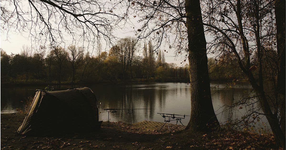 A carp bivvy on the bank at dusk with rods on a pod