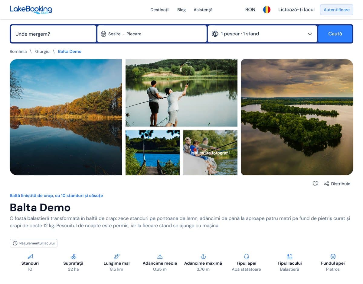 Exemplu de pagină de baltă pe LakeBooking, cu poze, descriere și datele principale ale bălții (date de exemplu)