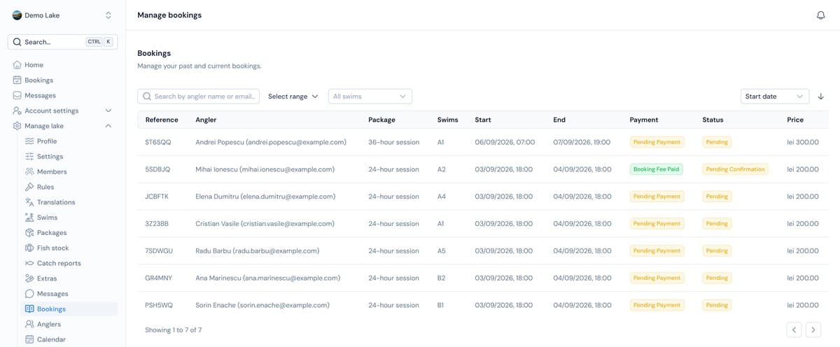 The bookings list in the lake dashboard, with reference, angler, package, swim, dates and payment status (sample data)