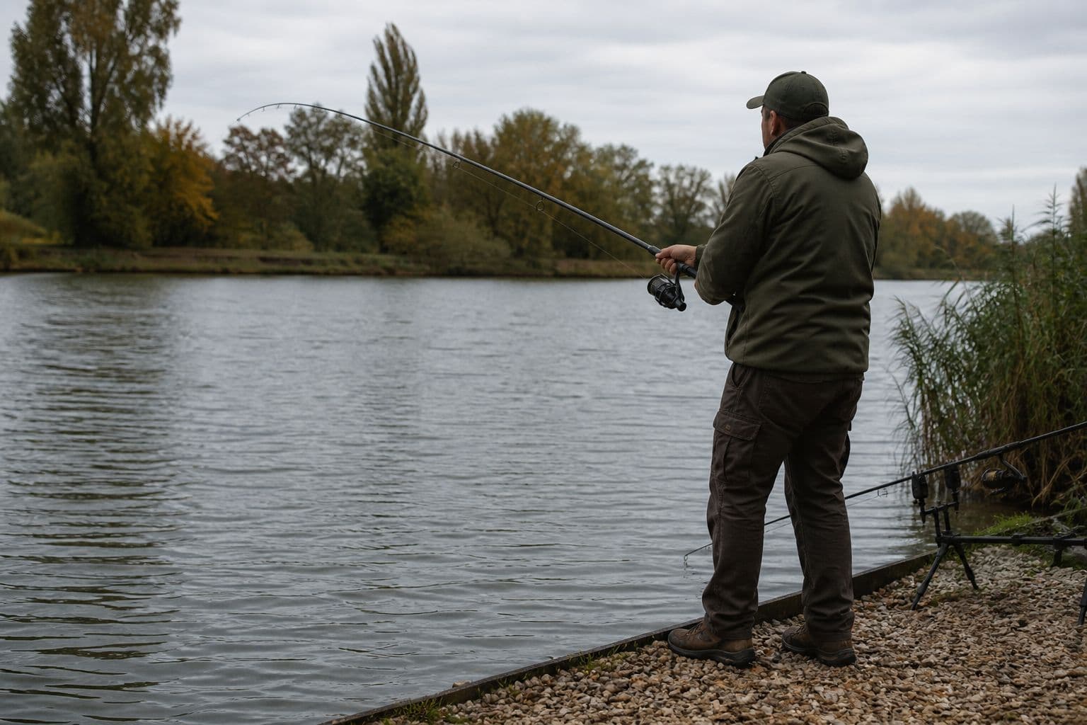 An angler drawing a feature-finding lead back through a swim, feeling for gravel, silt and weed